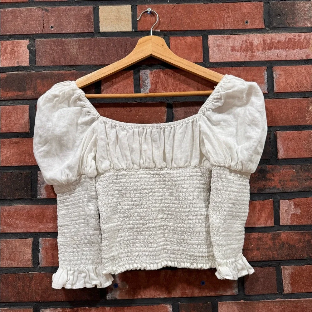 Reformation White Smocked Puff Sleeve to - Picture 2 of 6